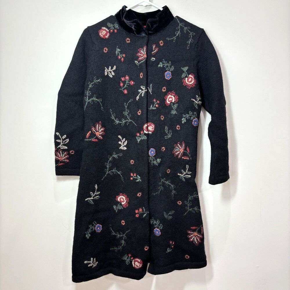 VTG Wool Velvet Embroidered Duster Cardigan Women Mp Black Floral Dark Cottage